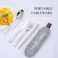 Ensemble de couverts de voyage portable en acier inoxydable de qualité alimentaire avec logo personnalisé, couteau, fourchette, cuillère, baguettes