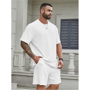 FOXA Men's 2 Piece Summer Outfit Textured T Shirt And Shorts <b>Set</b> Breathable Cotton <b>Knitted</b> Big And Tall - Product Image 4