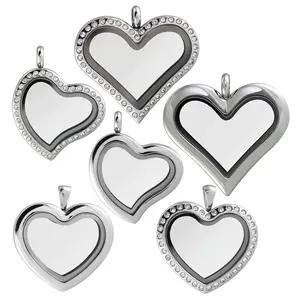 Mirror Polish Quality Screw Gem Custom Engraving Pendant Waterproof Heart Floating Charm Stainless Steel Photo Locket Necklace