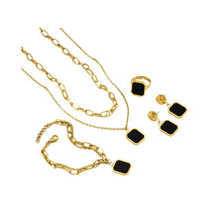 2025 nouveau Design exquis haute qualité émail noir Accent collier boucles d'oreilles anneau Bracelet Design géométrique or ensemble de bijoux - Product Image 1