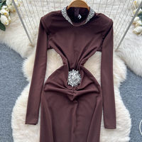 Robe longue élégante pour femme WIWT, à manches longues, avec strass, découpe à la taille, moulante, pour soirée, tenue décontractée, robes décontractées