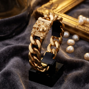 Custom <b>Skull</b> Clasp Cuban Link Diamond Gold Plated Luxury Bracelet Unisex Fashion Accessory - Product Image 1