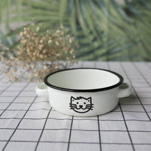 Мини-посуда с индивидуальным логотипом, белый пищевой продукт ЕС, кухонный ужин, кошачий собачий корм для домашних животных, суповая миска с эмалевым покрытием с двумя ручками - Product Image 1