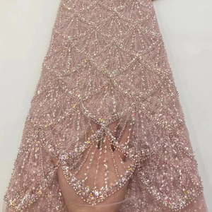 Tissu <span class=keywords><strong>de</strong></span> robe <span class=keywords><strong>de</strong></span> mariée en dentelle française en forme d'éventail, haute couture française, avec des paillettes perlées, dentelle DIY, tissu <span class=keywords><strong>de</strong></span> broderie <span class=keywords><strong>de</strong></span> mode - Product Image 1
