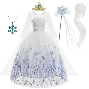 热销产品批发儿童艾尔莎cosplay连衣裙儿童薄纱雪花服装女孩白色公主裙
