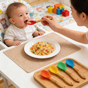 Ensemble de cuillères en silicone de qualité alimentaire Es-Pro avec logo personnalisé, ODM/OEM, avec manche en bois, apprentissage de la nourriture, outils de repas pour enfants - Product Image 5