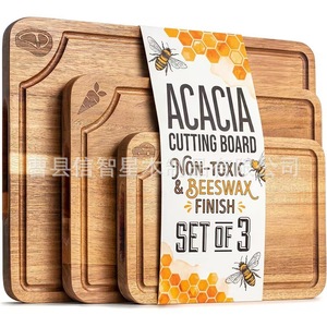 Acacia Cutting Board Set Of 3 Non Toxic Beeswax Finish Kitchen <b>Wooden</b> Chopping <b>Blocks</b> Rectangle Solid Wood With Grooves - Product Image 1