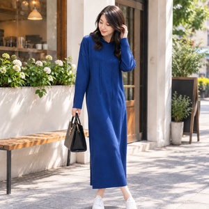 Robe pull maxi en tricot bleu pour femme, à capuche, manches longues, décontractée, pour l'automne, couleur unie, coupe ample, longueur totale - Product Image 3