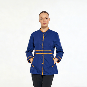 Veste de chef bleue en polycoton durable avec col montant, uniforme de chef respirant <span class=keywords><strong>pour</strong></span> le service alimentaire - Product Image 1