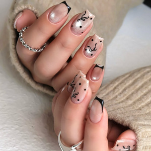 24 Pezzi Unghie Finte Quadrate con Design Occhio di Gatto Argento Glitterato, Stile Francese <span class=keywords><strong>Nero</strong></span> con Fiocco, Nail Art Dolce e Cool per Ragazze Alla Moda - Product Image 1