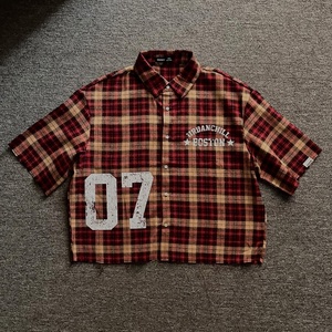 Chemise à rayures en coton de haute qualité personnalisée, chemise à manches courtes ample vintage imprimée pour l'été, coupe ample, boutonnée, à carreaux - Product Image 1