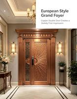 Porte d'entrée double en fonte d'aluminium de style classique européen, finition cuivre antique, sculpture en relief 3D effet soleil, porte principale de villa