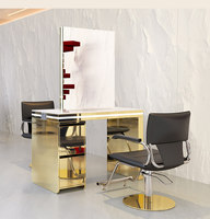Meuble de rangement de salon de coiffure tendance avec miroir éclairé double face en métal – Station de coiffage et de coloration pour salons de coiffure