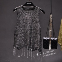 Camisole à paillettes sans manches col rond avec glands, haut en tricot pour femmes
