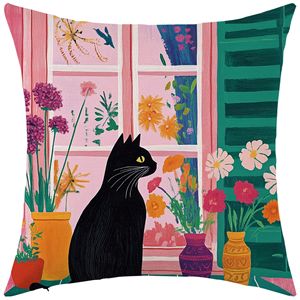 Funda de almohada cuadrada con diseño de gato negro, funda de cojín lavable con patrón de dibujos animados bohemios para decoración de sofá de sala de estar - Product Image 4