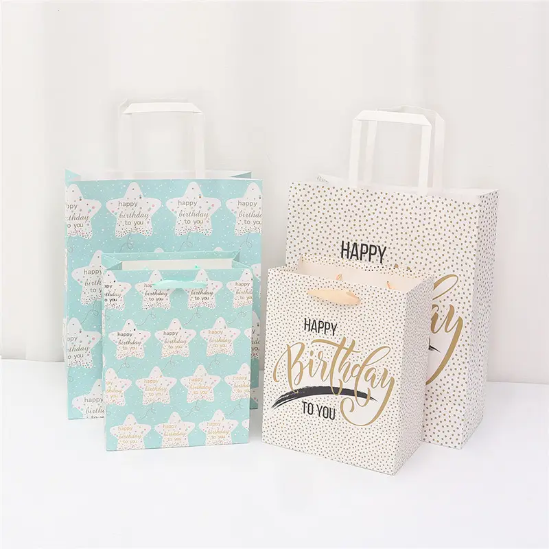 Kolları doğum günü kağıdı çanta ile özelleştirilebilir mutlu hediye keseleri çanta özel ambalaj kağıdı
