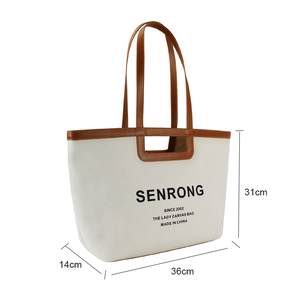Beige <b>Canvas</b> <b>Shopper</b> Bag with Tan Faux Leather Trim and Long Strap Zippered Compartment Ladies Commuter Handbag with Logo - Product Image 2