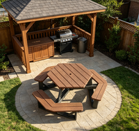 Table de pique-nique moderne en bois à lattes avec trou pour parasol, structure en acier galvanisé, sièges pour restaurant, terrasse et café