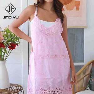 Nuevo vestido mini rosa con encaje bordado en forma de abanico y cuello en V, personalizado, 100% algodón bordado. - Product Image 1