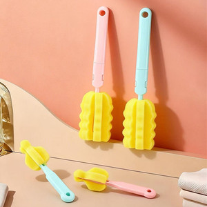 Ensemble de brosses à biberons avec tête en éponge détachable, manche long, nettoyeur de tétines, couleur rose et verte, matériau PP - Product Image 1