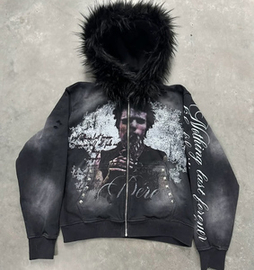 Benutzer definierte Herren Black Fleece Zip Up <span class=keywords><strong>Hoodie</strong></span> gewaschen Y2K Dark Punk Gradient Distressed Digitaldruck Boxy Übergröße mit großem Pelz kragen - Product Image 2