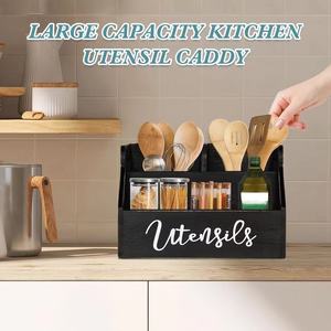 Organisateur d'ustensiles de cuisine en bois massif noir, large et profond, pour couverts et cuillères, rangement pour comptoir, armoire et tiroir - Product Image 2