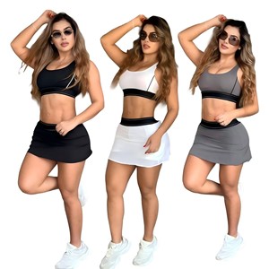 Yoga Set <b>Crop</b> <b>Top</b> <b>Skirt</b> Two Piece Solid Color Spandex Polyester Sleeveless Scoop Neck High Waist With Safety Pant - Product Image 1