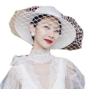 Nouveau rétro femmes blanc bowknot protection UV église seau chapeaux de soleil Kentucky Derby dames <span class=keywords><strong>chapeau</strong></span> de <span class=keywords><strong>mariage</strong></span> pour la mariée avec voile en maille - Product Image 1