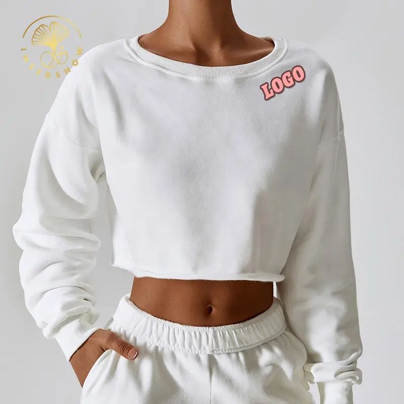 Vendedores Y2K estilo coreano sin dobladillo Crop Top apliques en relieve esencial mujer francés Terry algodón Sudadera con capucha chándales mujeres