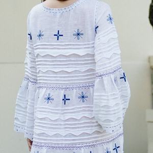 Vestido de Lino y Algodón Personalizable, Elegante, Cuello Redondo, Casual, Corte en A, con Volantes, Mangas Cortas, Midi, para Mujer - Product Image 5