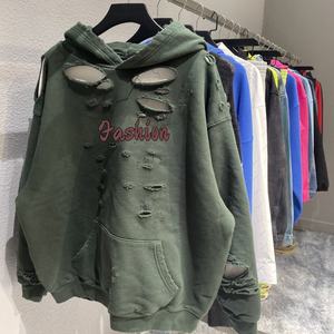 Dehan NA sweat à capuche en molleton éponge français lourd personnalisé sweats à capuche surdimensionnés à manches longues pour hommes brodé trou cassé en détresse - Product Image 1