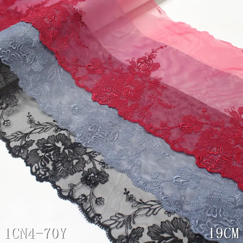 New Red Black Tulle Lace Embroidery Trim 19cm Wide Fancy Flower for Dress