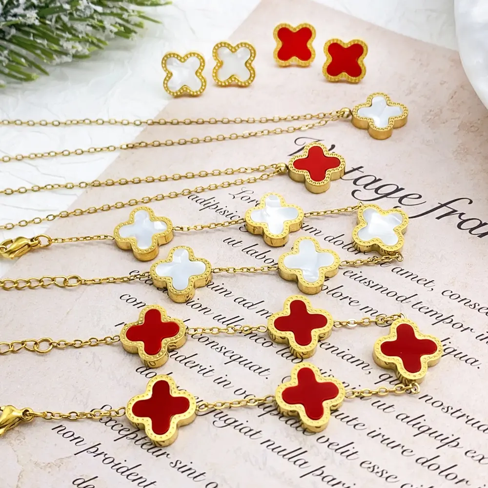 Großhandel Luxus Modeschmuck Set 18 Karat vergoldet doppelseitig Edelstahl vier blättriges Kleeblatt Design für Frauen