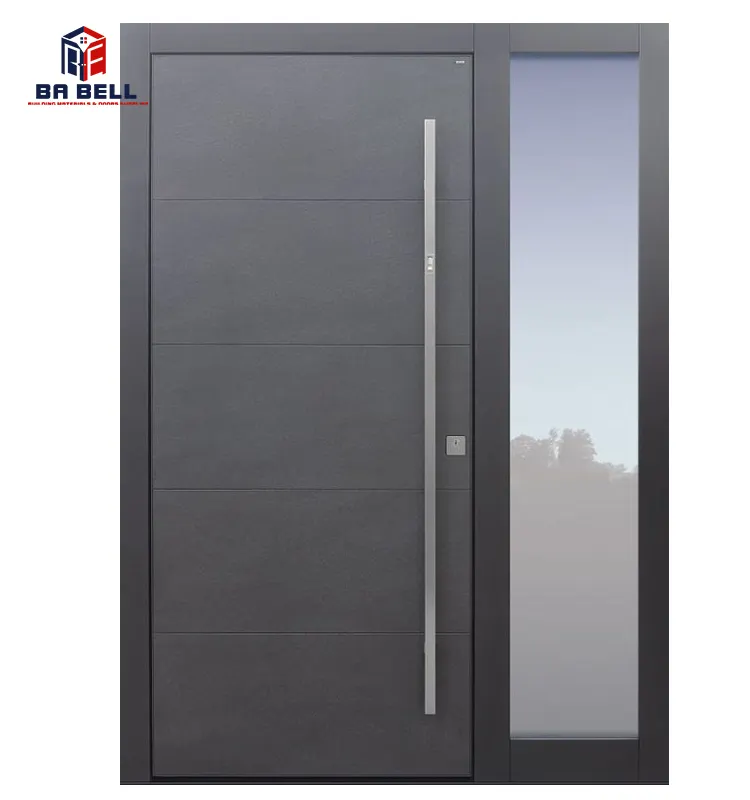 Grey wood grain single flat interior door black frame sound insulation single swing aluminium wooden doors