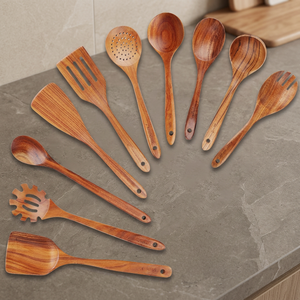 Ensemble de 12 cuillères et spatules de cuisine en bois d'acacia naturel |   Ustensiles de cuisine écologiques antiadhésifs |   Ensemble d'ustensiles en bois massif - Product Image 4