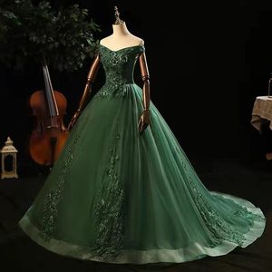 Green Off The Shoulder Evening Gown Empire Waist Long Tulle Dress For Wedding Party Annual Meeting Women - Product Image 1
