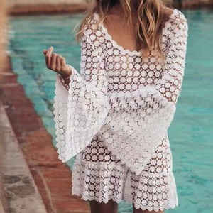 Vestido de playa de encaje blanco con cuello redondo y manga larga, top de baño hueco, vestido de verano a la moda para mujer - Product Image 1