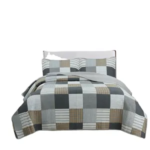 American Stripe Plaid Quilted Comforter Bed 3 Piece Set Cotton Washed Bed Cover Printed Bedding