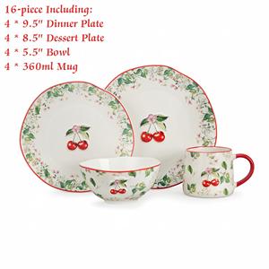 Service de table moderne 16 pièces en porcelaine cerise avec motifs fruits en relief 3D, <span class=keywords><strong>assiettes</strong></span>, bols et tasses, réutilisable, sans BPA, pour fêtes de jardin estivales, OEM ODM - Product Image 2