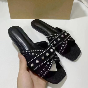 Chaussures Plates Fminines Women's Blue Denim Flat Sandals Open-toe with Shiny Embellishments - Product Image 4