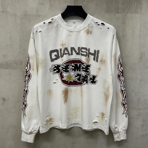เสื้อยืดโอเวอร์ไซส์ทรงบ็อกซี่ผ้าฝ้าย 100% ประดับคริสตัล ลวดลายกราฟิกพิมพ์ลายแบบกำหนดเอง ล้างสีแบบแอซิด แขนยาว สำหรับผู้ชาย - Product Image 3