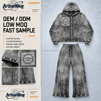 Ensemble sweat à capuche zippé gris délavé et pantalon large pour homme avec motif graphique abstrait, style streetwear OEM ODM