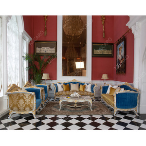 Ensemble <span class=keywords><strong>de</strong></span> canapé en tissu sculpté en bois fait à la main, style européen classique <span class=keywords><strong>de</strong></span> luxe - Product Image 1
