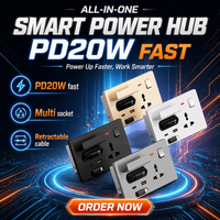 Cargador Rápido de 20W con Cable Retráctil, Enchufe de Pared con 3 Tomas, 1 Puerto USB-A y 1 Puerto USB-C, Enchufe de Pared Multifuncional