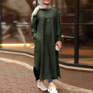 シンプルなスタイルの長袖イスラム教徒のラウンドネックチュニックトップスレディーストップスブラウス控えめなムスリママレーシアのブラウスのためのイスラム服