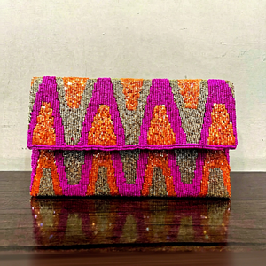 Handmade Beaded Rectangular <b>Purse</b> with <b>Pink</b> Orange Flower Pattern Zipper Embroidered Textile Craft for Travel & Party Use - Product Image 1