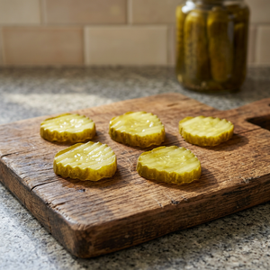 Pepinillos encurtidos picantes de primera calidad en salmuera, en rodajas onduladas |   Chips de pepino con corte ondulado |   Sandwich de Hamburguesa con Encurtidos |   Frasco Mason |   3 Años - Product Image 4