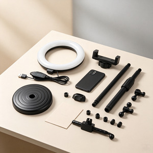 Support de <span class=keywords><strong>téléphone</strong></span> de bureau pour diffusion en direct avec <span class=keywords><strong>anneau</strong></span> lumineux de 6 pouces (16 cm) et double pince pour smartphone - Product Image 1