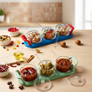Plateau à fruits secs moderne en acrylique Anax, ensemble de 3 compartiments avec couvercle à bec verseur latéral et plateau pour fête, comptoir de cuisine - Product Image 2