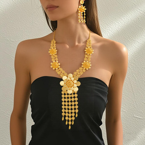 Ensemble de bijoux de mariée africains nigérians en or 24 carats de Dubaï, collier pour femmes saoudiennes, boucles d'oreilles deux pièces - Product Image 2